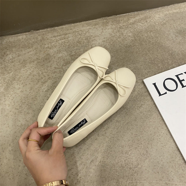 2022 Spring New Women's Tweed Style Flat Single Shoes Bow Soft Leather Soft Bottom Milk Shoes Evening Wind Square Head