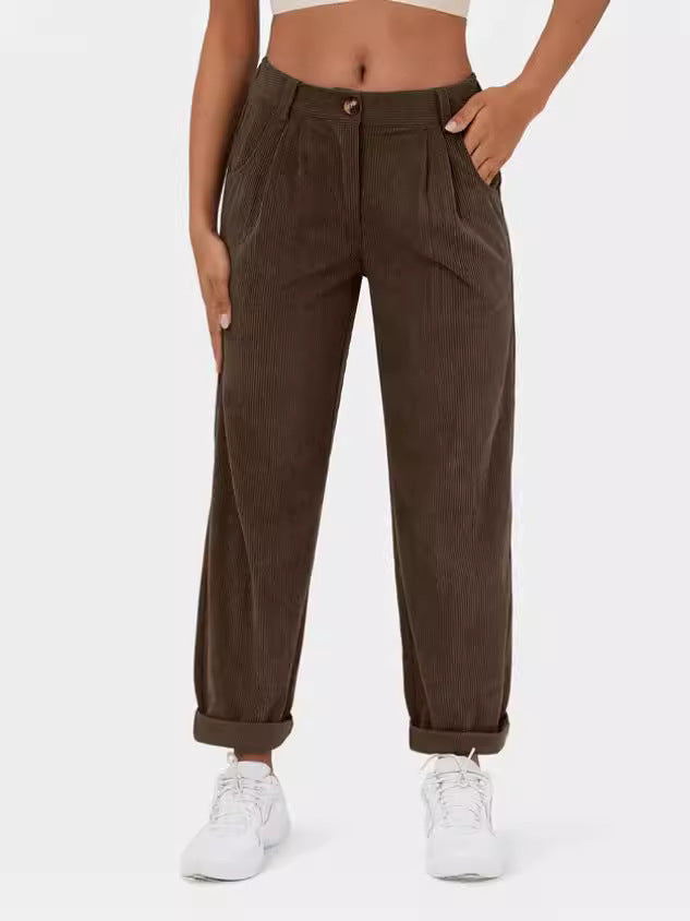 2024 Amazon Autumn New Women's High Waist Casual Pants European And American Solid Color Corduroy Loose Straight Pants Women