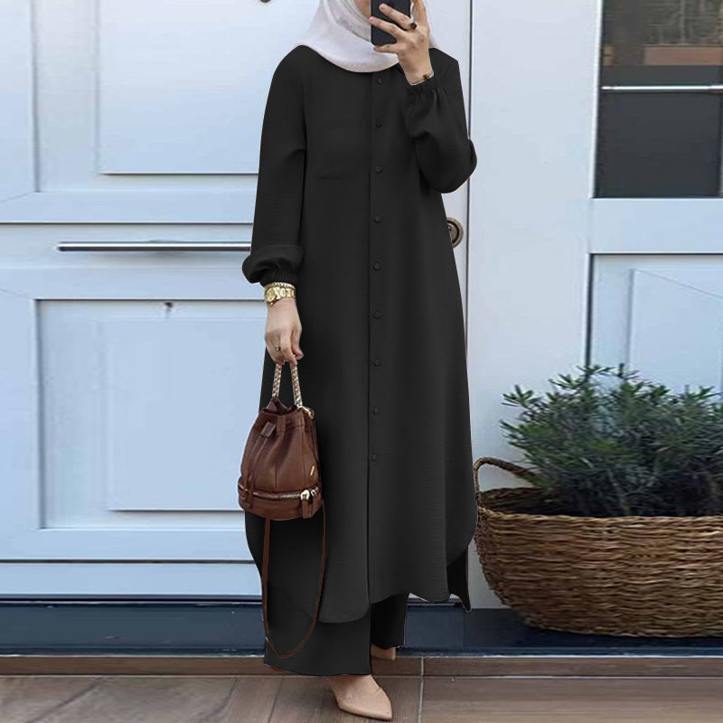 Muslim Women's Arabic Style Spring Autumn Casual Dress Set Mushroom Button Fashionable Long Skirt Polyester Viscose Blend