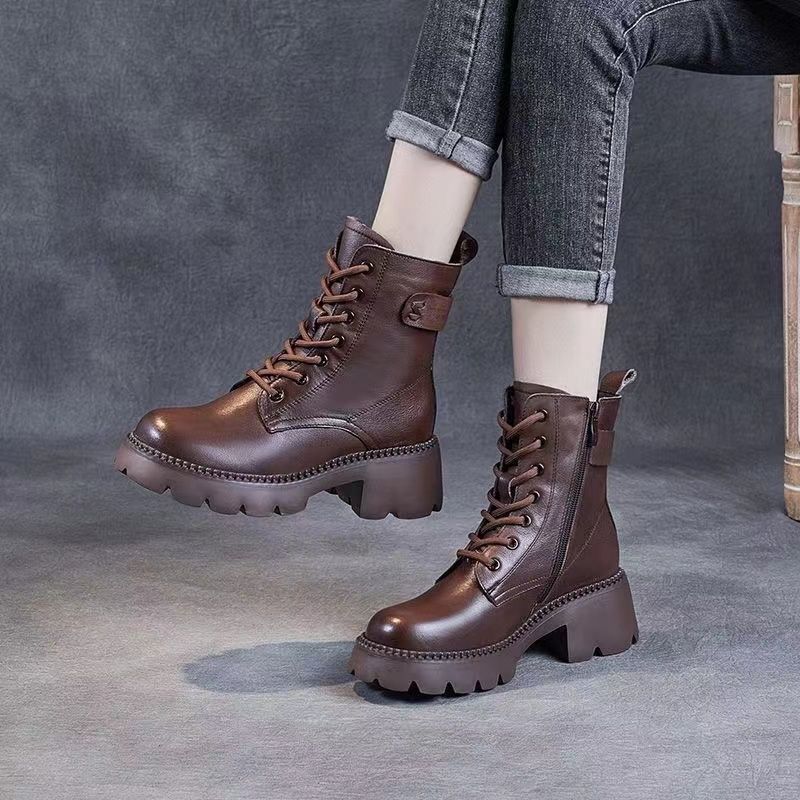 Soft Leather Martin Boots Women's Lightweight Soft Bottom 2023 New Retro Fried Street Ankle Boots Thick Bottom Height Increasing Boots