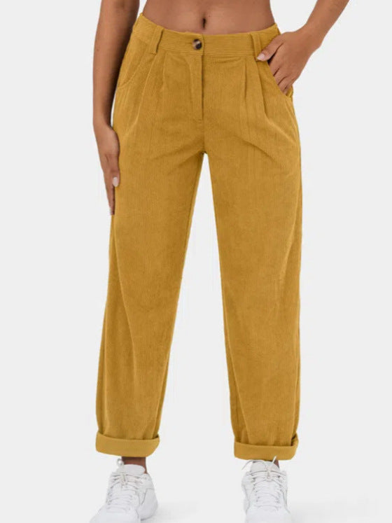 2024 Amazon Autumn New Women's High Waist Casual Pants European And American Solid Color Corduroy Loose Straight Pants Women
