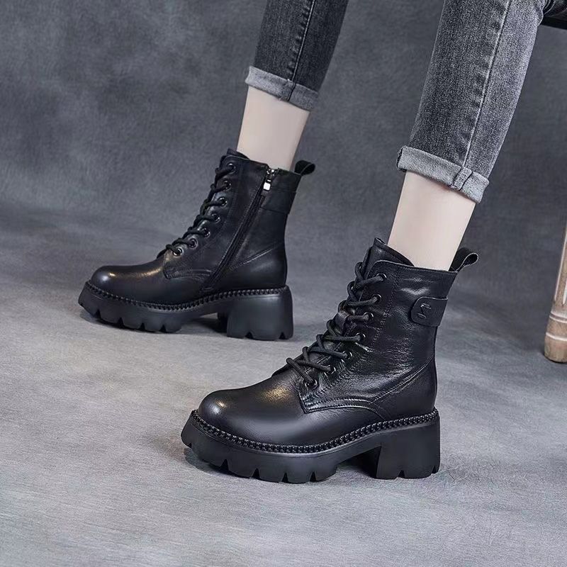 Soft Leather Martin Boots Women's Lightweight Soft Bottom 2023 New Retro Fried Street Ankle Boots Thick Bottom Height Increasing Boots