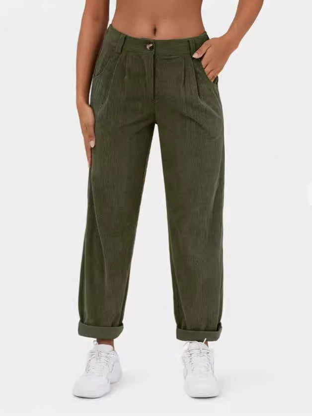 2024 Amazon Autumn New Women's High Waist Casual Pants European And American Solid Color Corduroy Loose Straight Pants Women