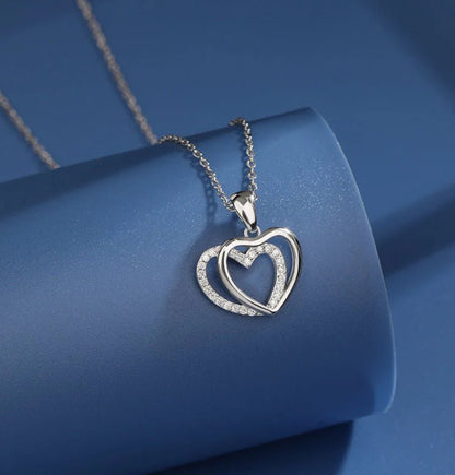 925 Sterling Silver Double Heart Pendant Necklace for Women