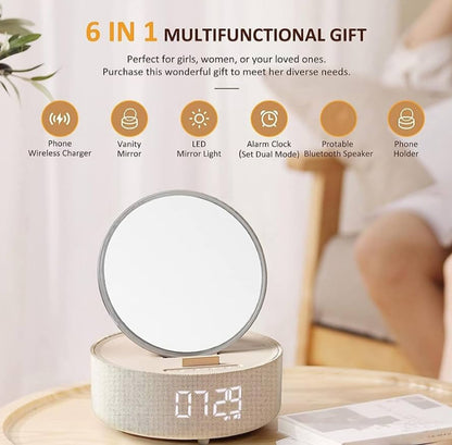 Smart Mirror Clock: Wireless Charger, Bluetooth Speaker & Night Light