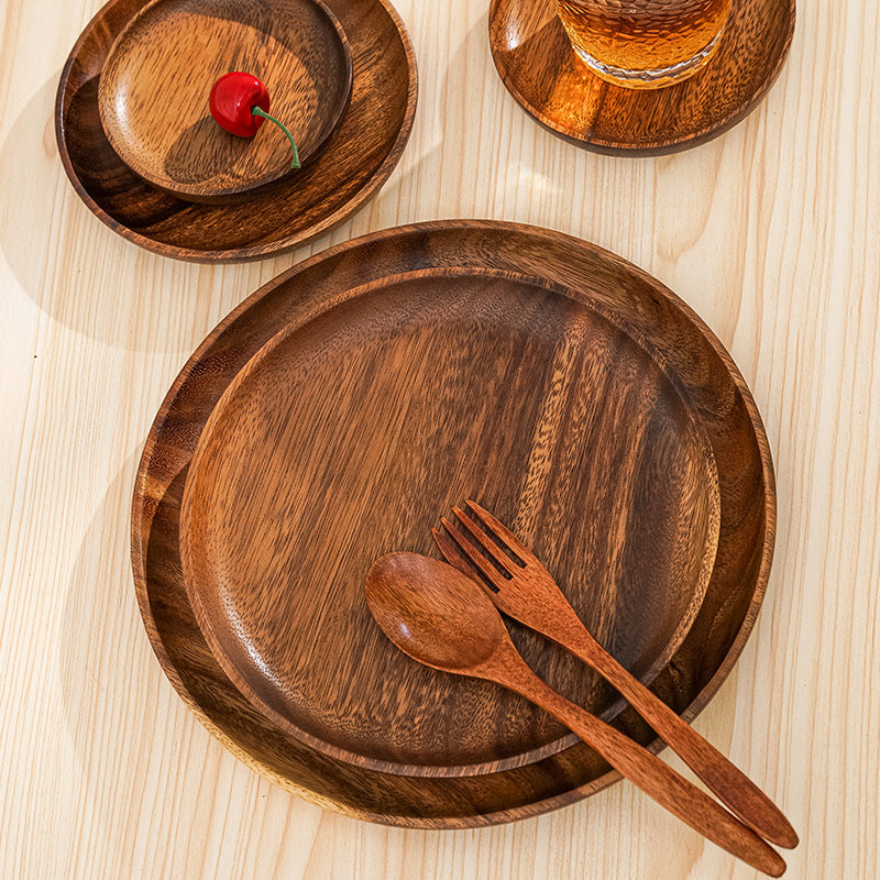 Japanese Style Solid Wood Round Flat Plate Jujube Wood Natural Color Fruit Plate Japanese Tableware