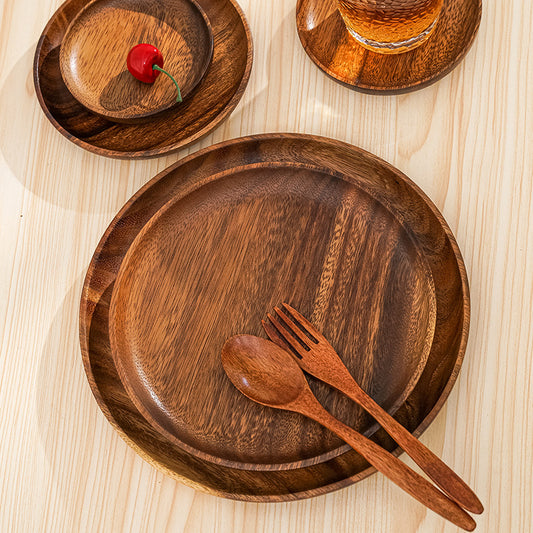Japanese Style Solid Wood Round Flat Plate Jujube Wood Natural Color Fruit Plate Japanese Tableware