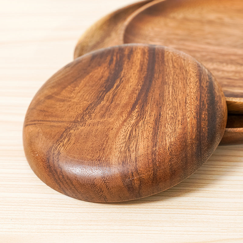 Japanese Style Solid Wood Round Flat Plate Jujube Wood Natural Color Fruit Plate Japanese Tableware