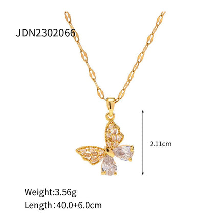 18K Gold Butterfly Pendant Necklace with White Zircon Inlay