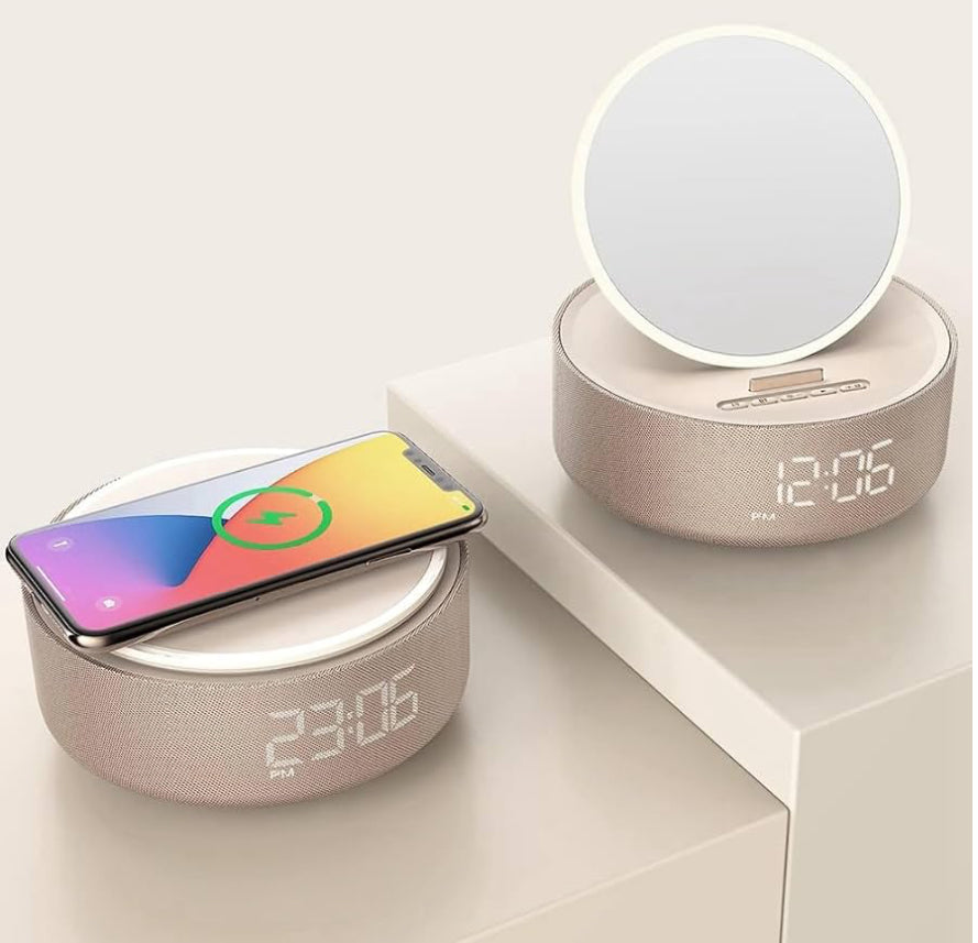 Smart Mirror Clock: Wireless Charger, Bluetooth Speaker & Night Light