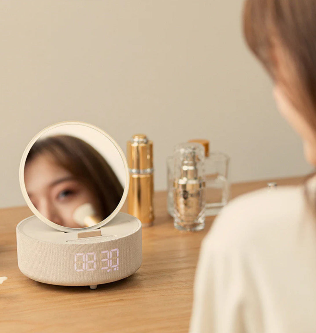 Smart Mirror Clock: Wireless Charger, Bluetooth Speaker & Night Light