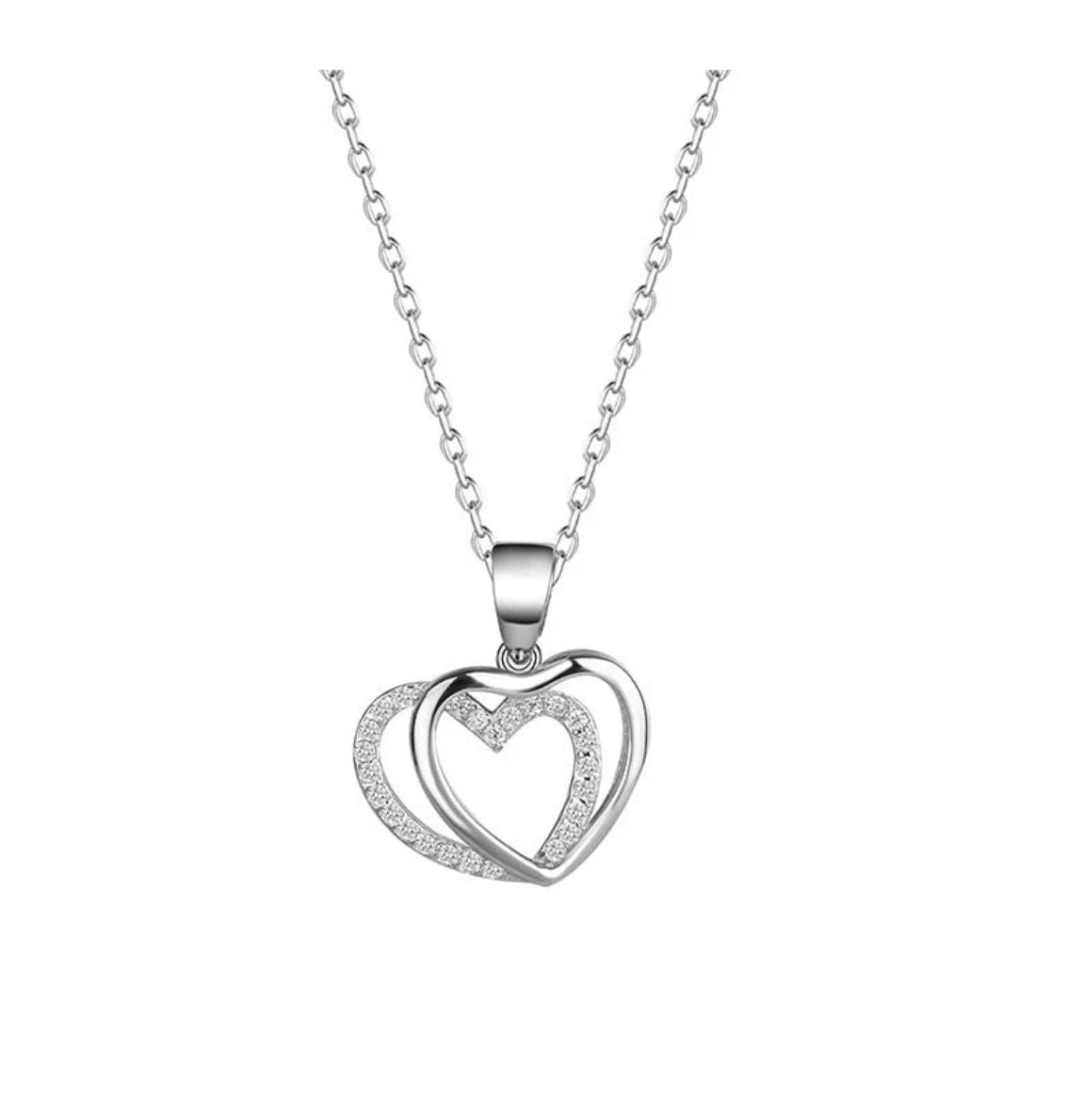 925 Sterling Silver Double Heart Pendant Necklace for Women