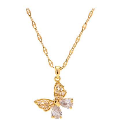 18K Gold Butterfly Pendant Necklace with White Zircon Inlay