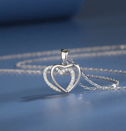 925 Sterling Silver Double Heart Pendant Necklace for Women