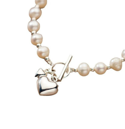 Silver Heart & Pearl Light Bead Bracelet