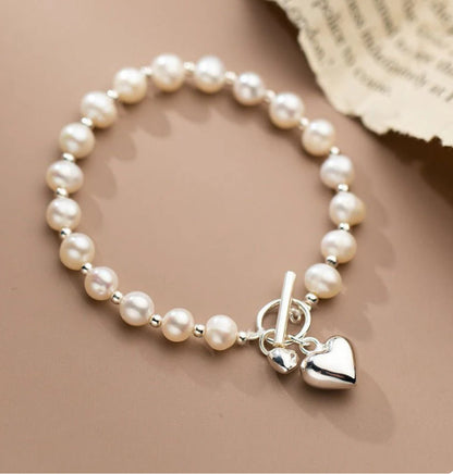 Silver Heart & Pearl Light Bead Bracelet