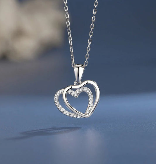 925 Sterling Silver Double Heart Pendant Necklace for Women