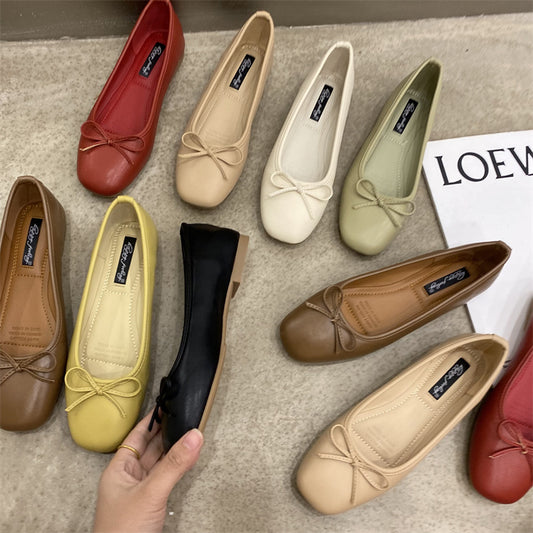 2022 Spring New Women&#039;s Tweed Style Flat Single Shoes Bow Soft Leather Soft Bottom Milk Shoes Evening Wind Square Head